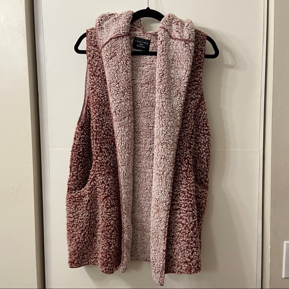 Love Tree Hooded Sherpa Sweater Vest With Pockets - Picture 2 of 8